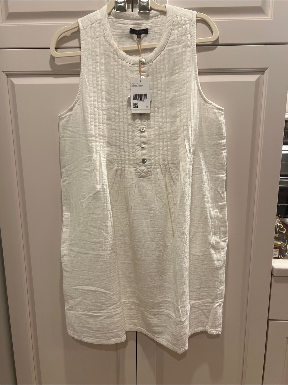 Quince White Sleeveless Pintuck Button-Front Mini Dress